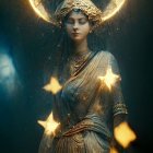 Golden armored figure with halo headpiece in celestial sci-fi setting