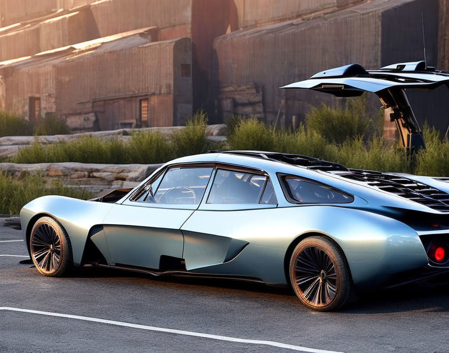 Futuristic silver-blue car on asphalt road with abstract architecture and hovering vehicle