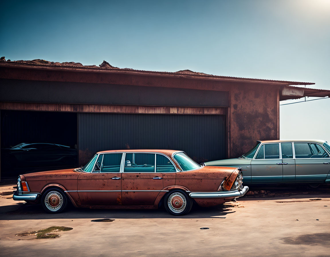 Vintage cars with rust parked in front of industrial garage under clear sky.