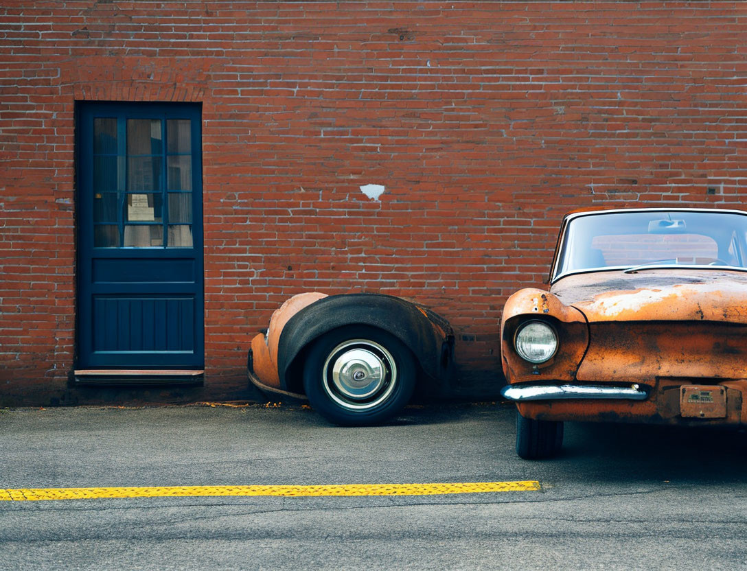 Rusted vintage car by brick building with navy blue door & yellow parking line