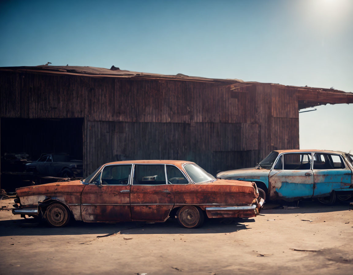 Abandoned vintage cars in dusty area with warehouse backdrop