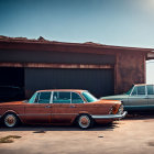 Abandoned vintage cars in dusty area with warehouse backdrop