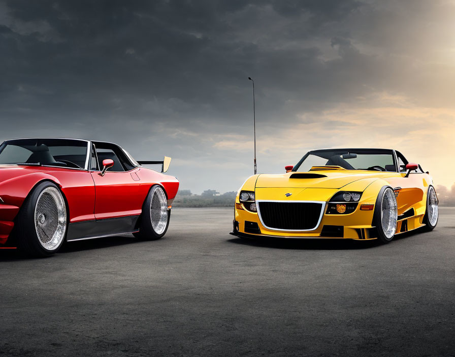 Red classic and yellow modern sports cars with chrome wheels parked on tarmac under cloudy sky