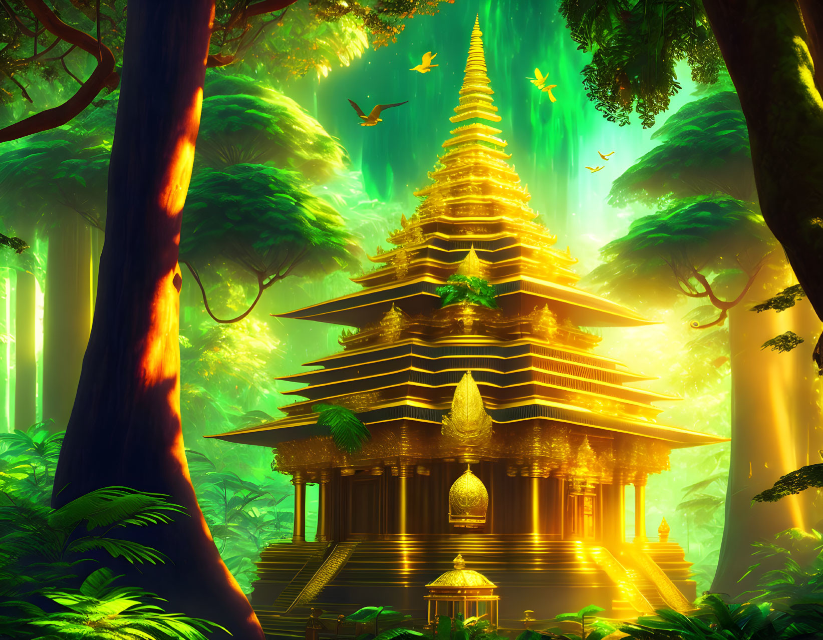 Golden Pagoda in Lush Green Landscape with Birds Flying