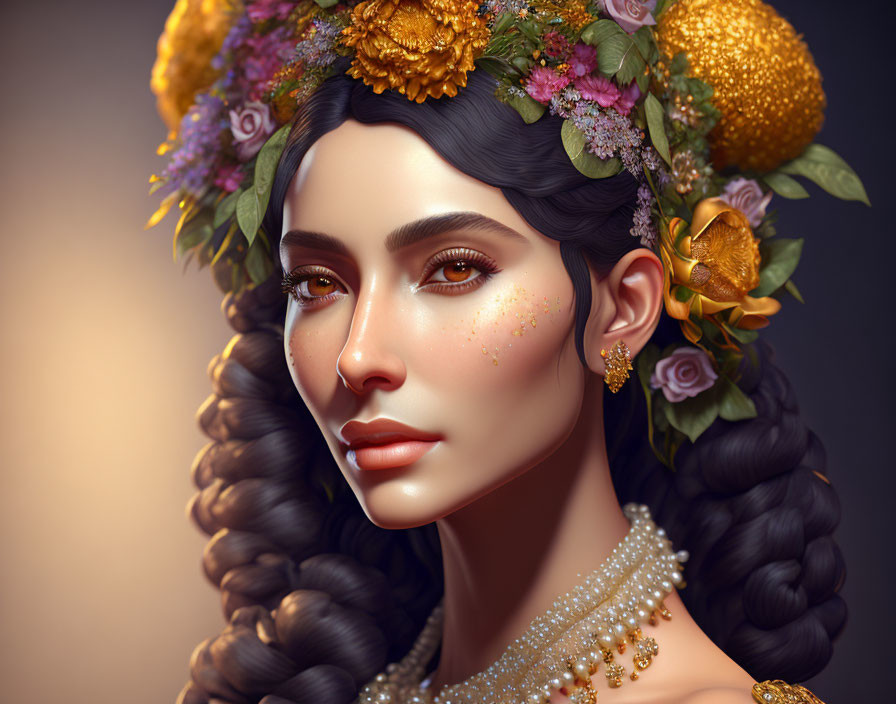 Digital portrait of woman with floral crown, pearl necklace, and gold accents