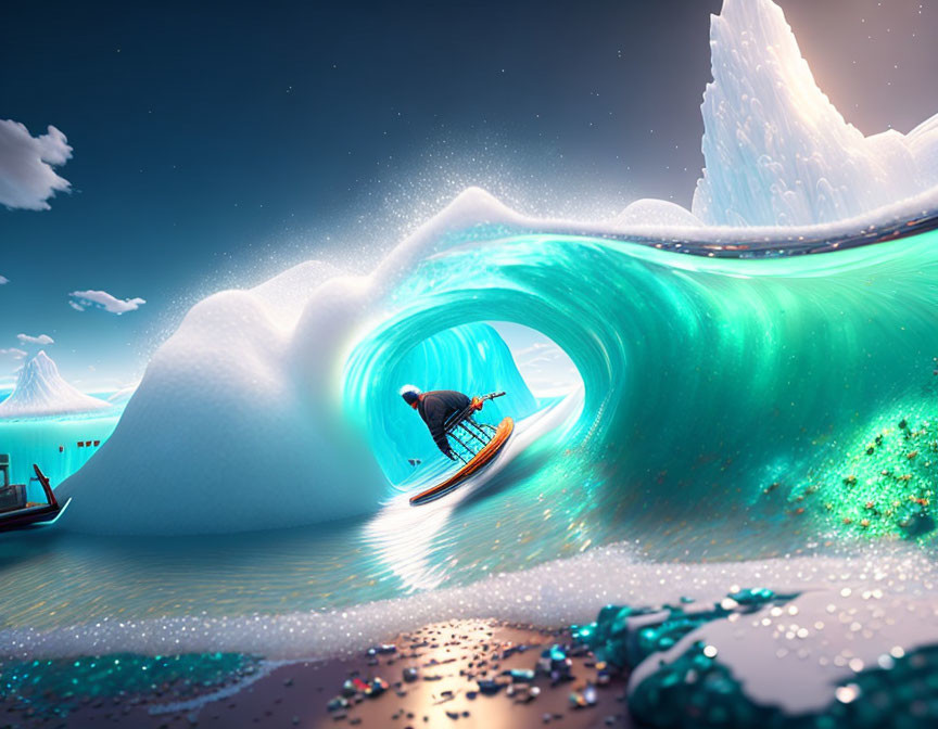 Person surfing massive crystalline wave near icebergs under starry sky