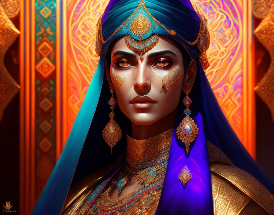 Luxurious traditional attire portrait of a woman in blue and gold headdress