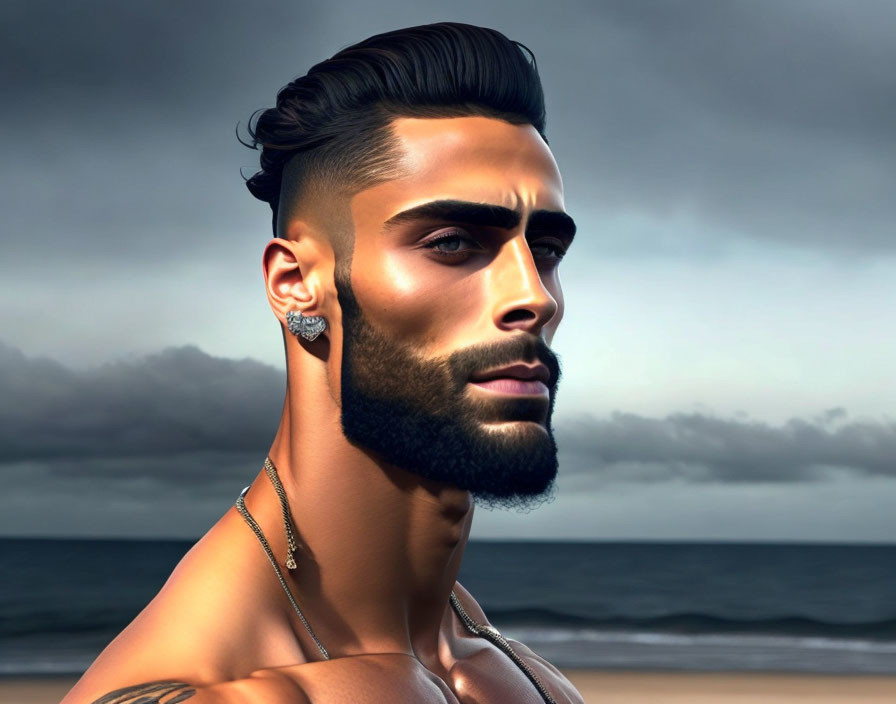 Man with Groomed Beard and Tattoo on Shoulder on Beach Background