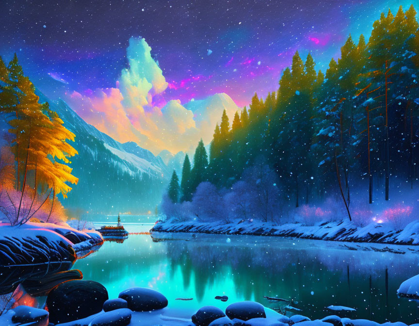 Colorful aurora lights over snowy mountain landscape at twilight.