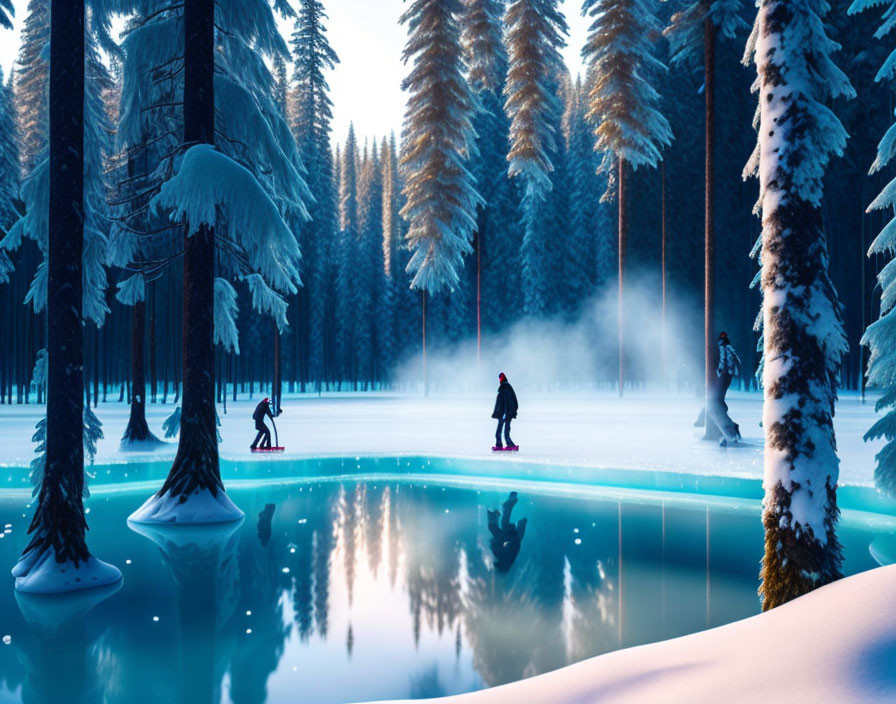 Winter Skating Scene: Skaters on Frozen Pond with Snow-Covered Trees