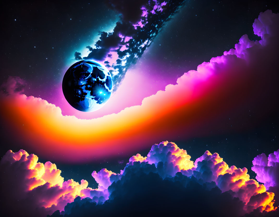 Colorful digital artwork of a planet in cosmic space with glowing clouds and light trails.