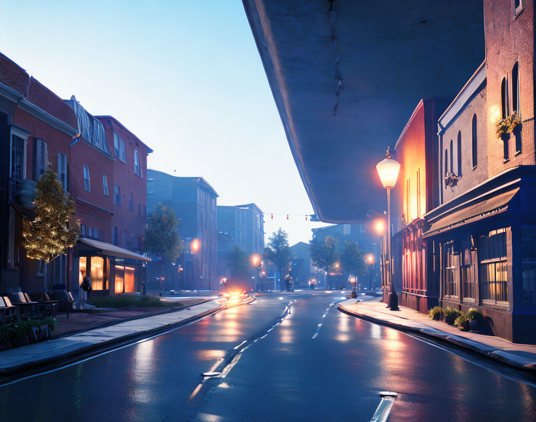 Serene city street at twilight with historic buildings and glowing streetlights