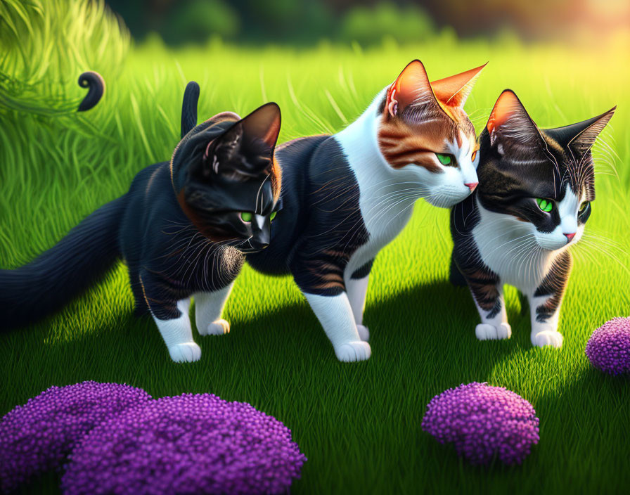 Three animated cats with unique fur patterns in a colorful field