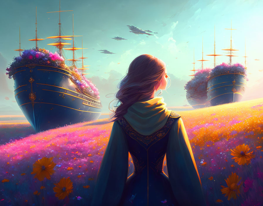 Woman admires sailing ships over vibrant flower field at sunset