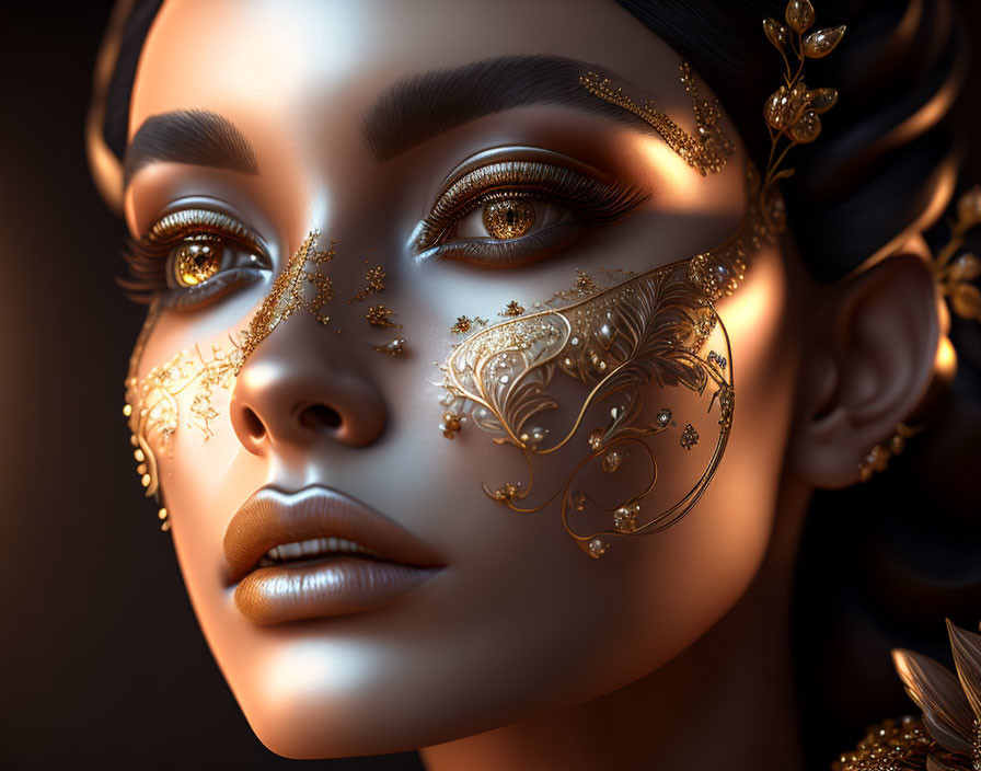 Elaborate gold face jewelry on woman with detailed eye makeup