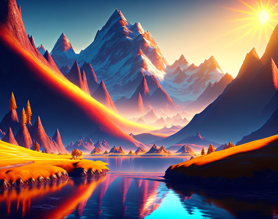 Serene landscape with vibrant sunrise, calm lake, mountains, lush trees