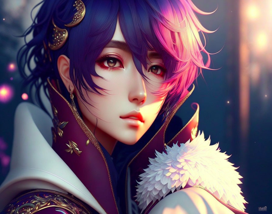 Colorful portrait of a person with purple hair and expressive eyes in ornate attire, set against glowing