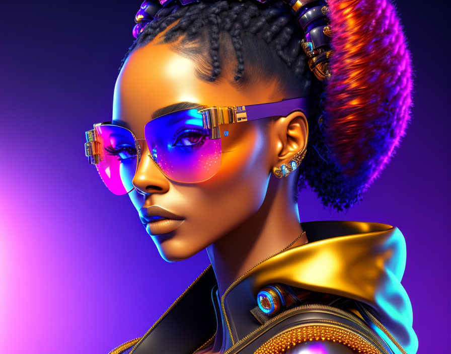 Digital artwork featuring woman with futuristic sunglasses, braided hair, leather jacket, on gradient background.