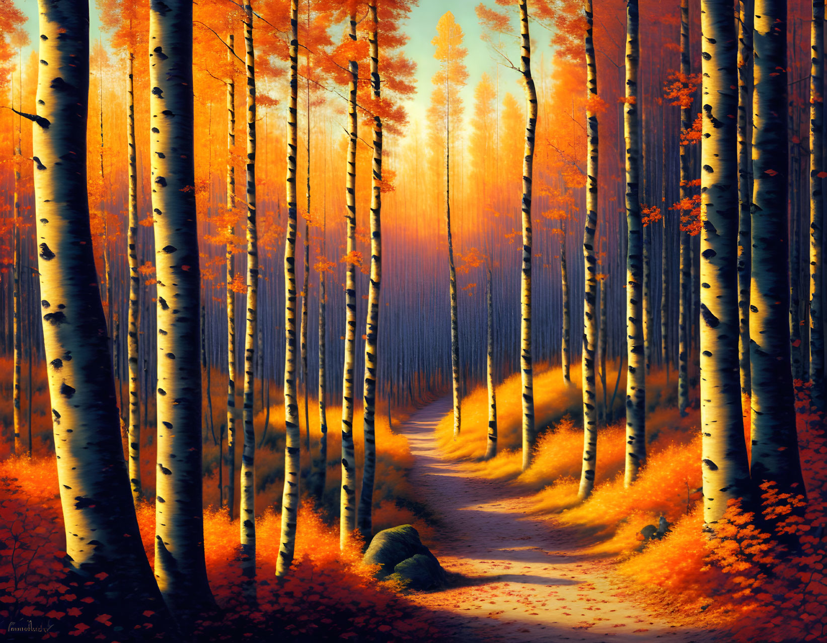 Golden autumn forest path with birch trees and sunlight glow