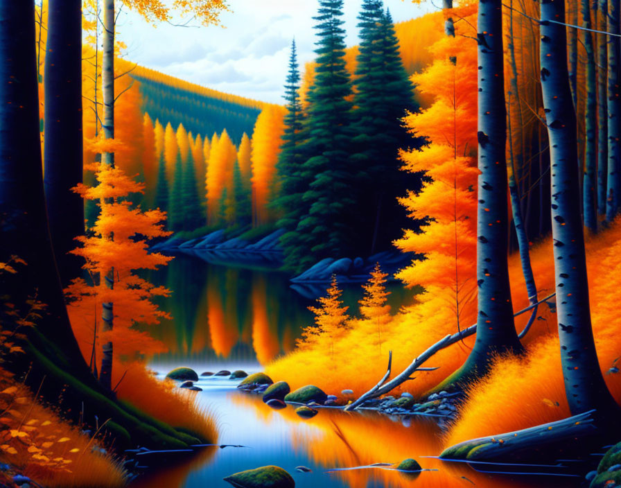 Scenic autumn forest with orange and yellow foliage by calm river