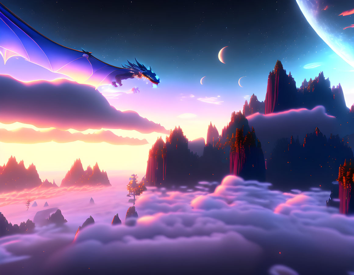 Majestic dragon flying over dreamy landscape with planet in sky