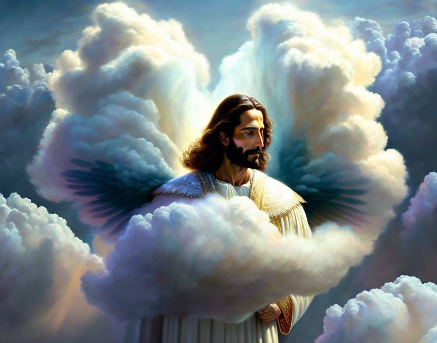 Angel with Wings in White Robes Amid Dramatic Clouds