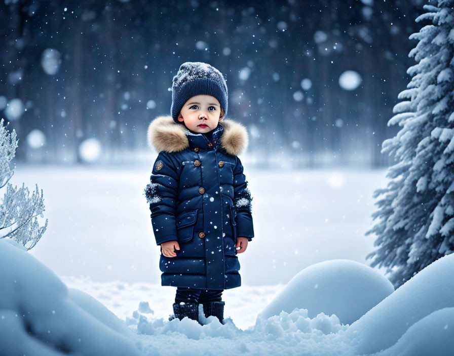 Toddler in Blue Coat and Knitted Hat in Snowy Landscape