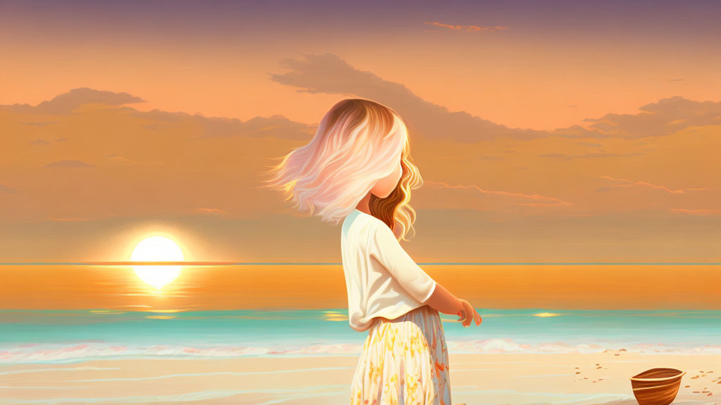 Silhouette of girl with flowing hair at serene ocean sunset