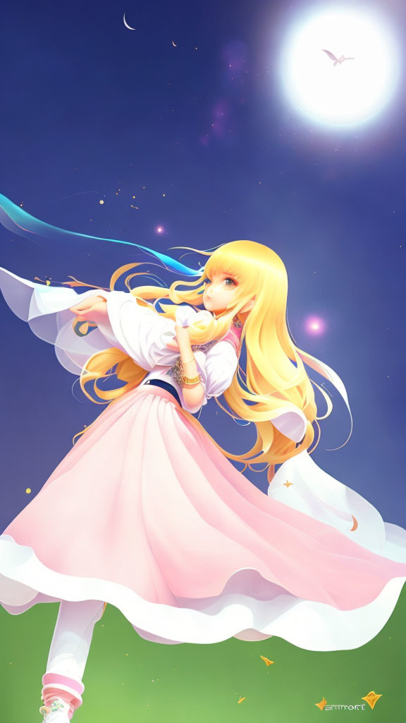 Stylized illustration of girl with long blonde hair in pink dress reaching for glowing bird under starry