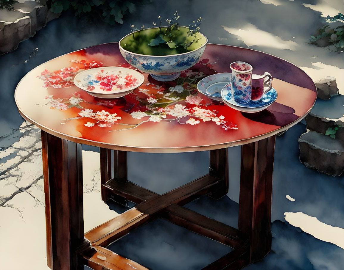 Traditional Chinese Tea Set on Ornate Wooden Table with Floral Patterns in Serene Outdoor Setting