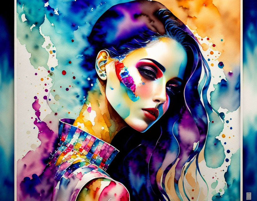 Colorful watercolor splashes blend into woman's face and hair