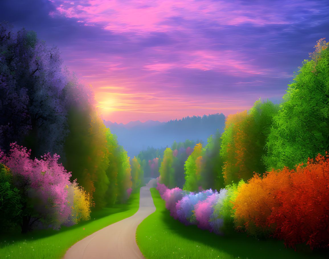 Colorful Sunset Landscape with Winding Path and Blooming Trees