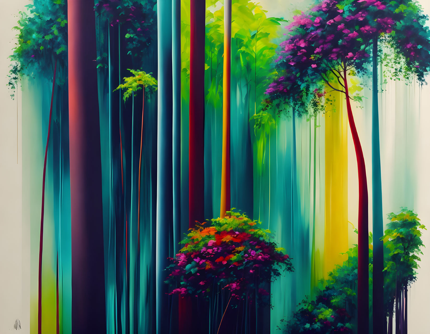 An abstract painting of a lush jungle