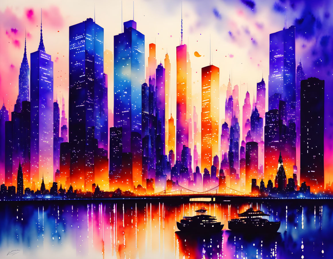 Colorful Watercolor Cityscape at Sunset with Skyscrapers and Boats