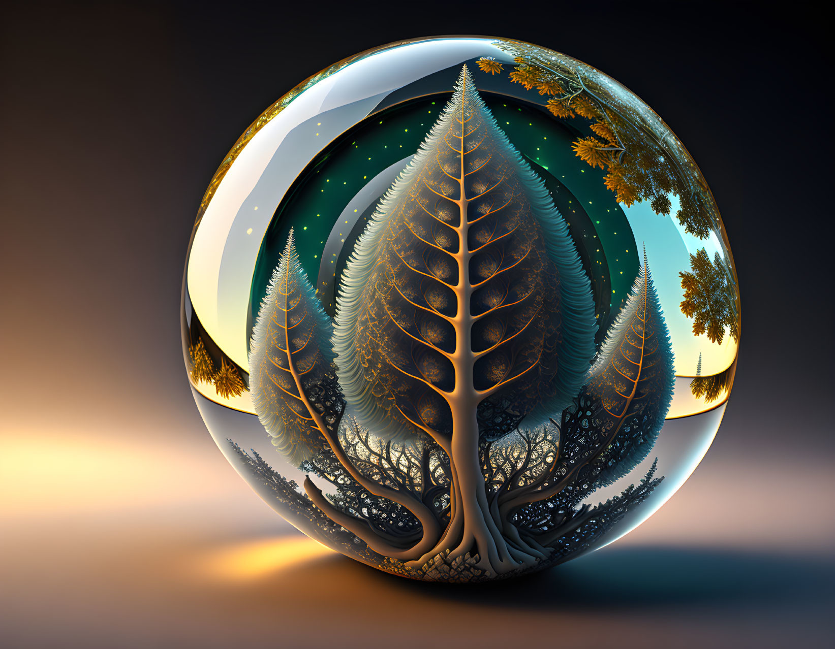 Symmetrical tree with golden leaves in glossy orb artwork