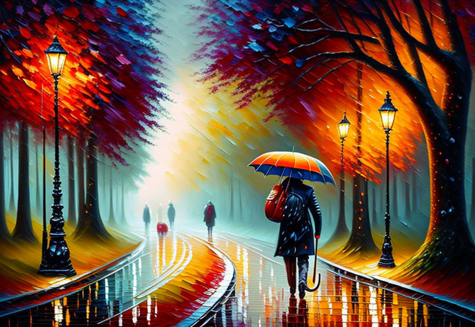 Colorful painting of person with umbrella in rain-soaked scene