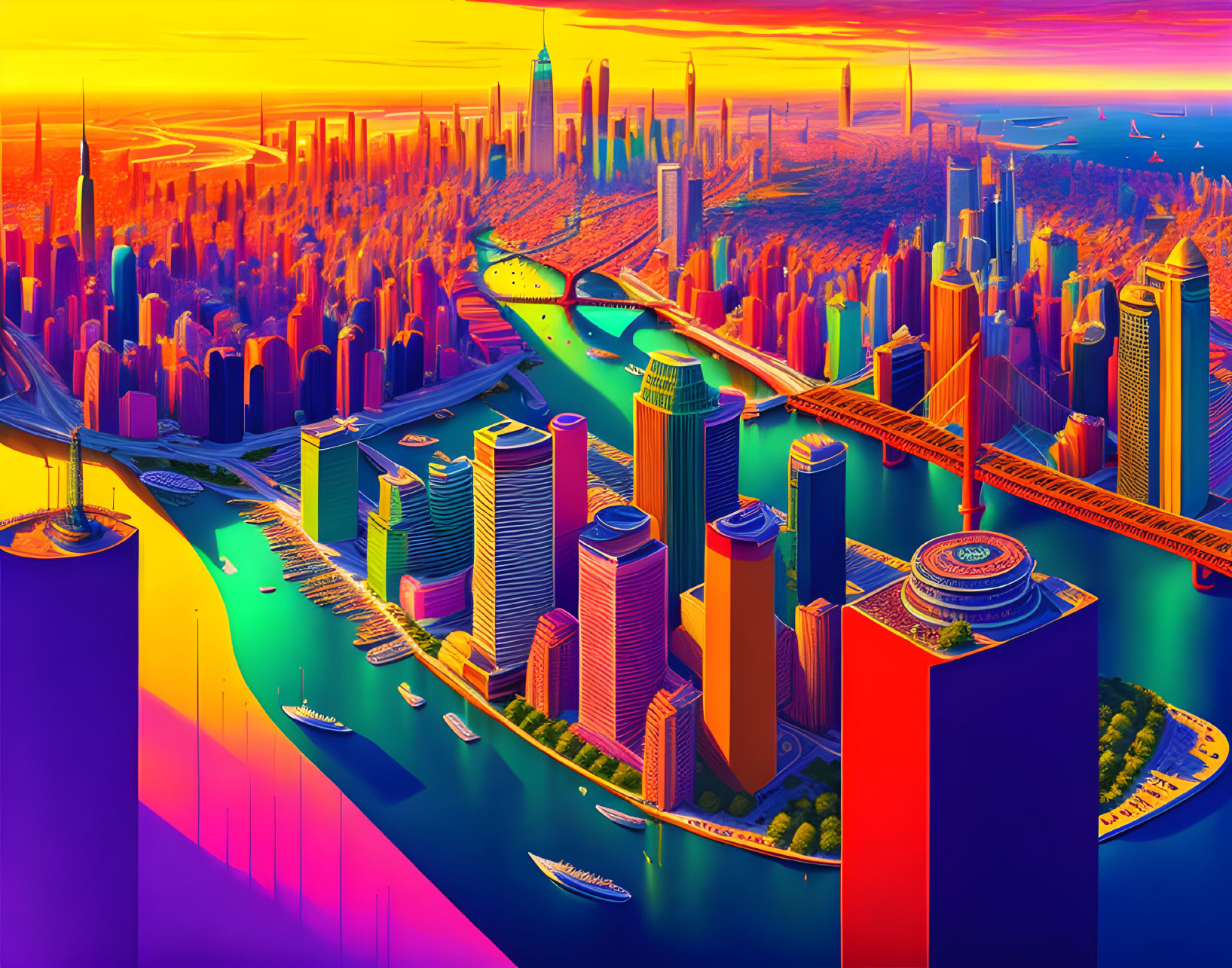 Futuristic cityscape digital artwork with neon hues and sunset