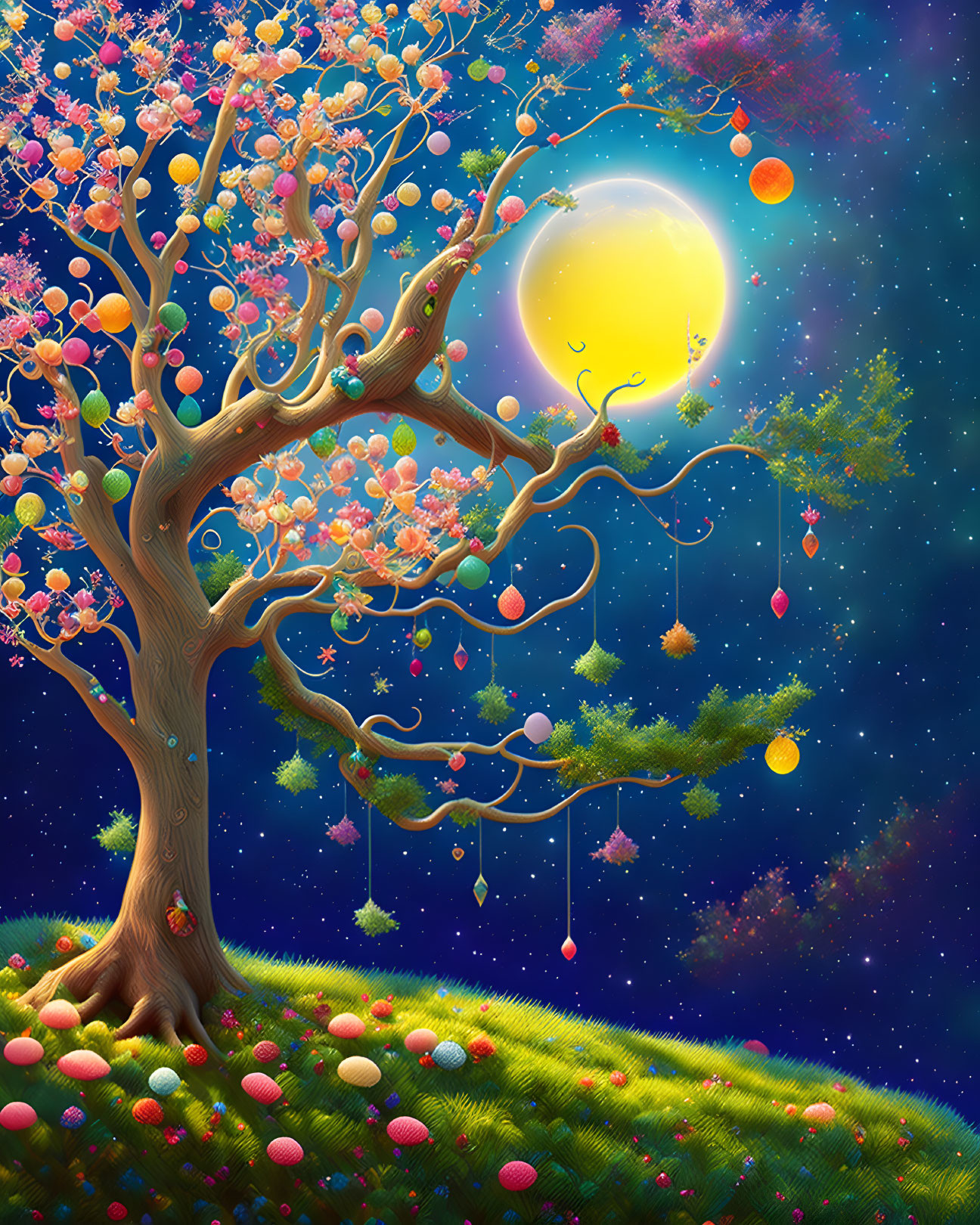 Colorful Fruited Tree with Lanterns in Starry Sky