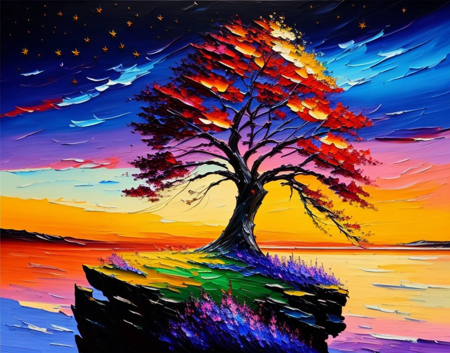 Lone tree oil painting with multicolored leaves on cliff at sunset