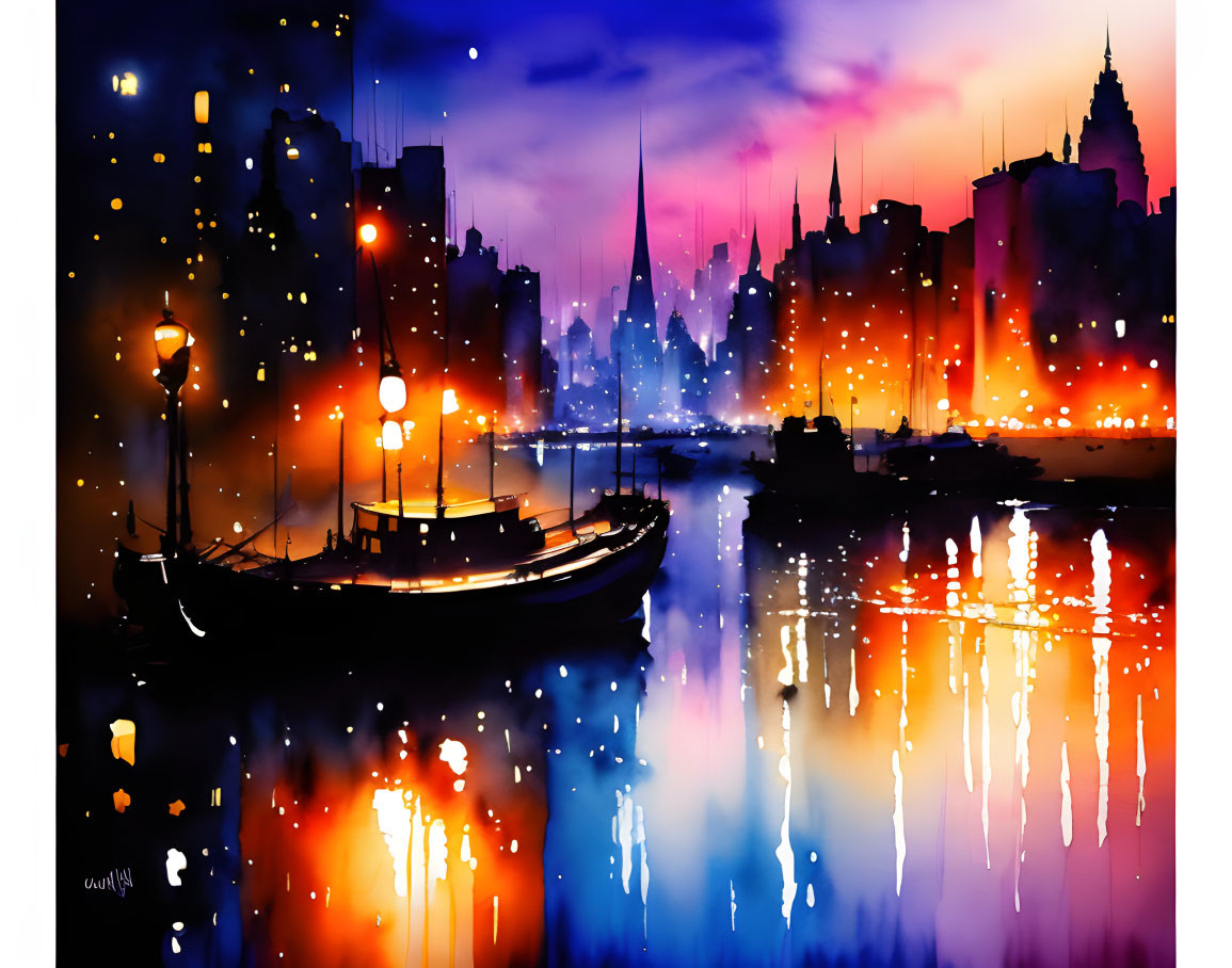 Colorful watercolor painting of cityscape at night with boat and reflections