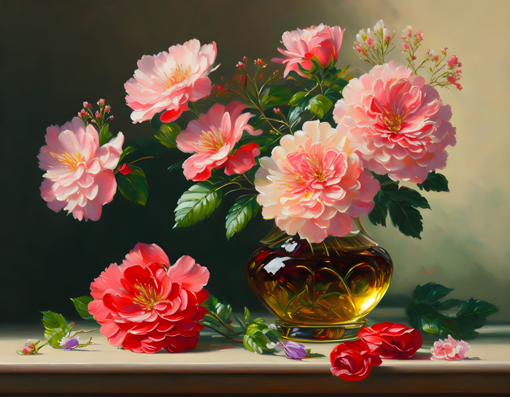 Colorful still-life painting: Pink and red peonies in amber vase on tabletop.