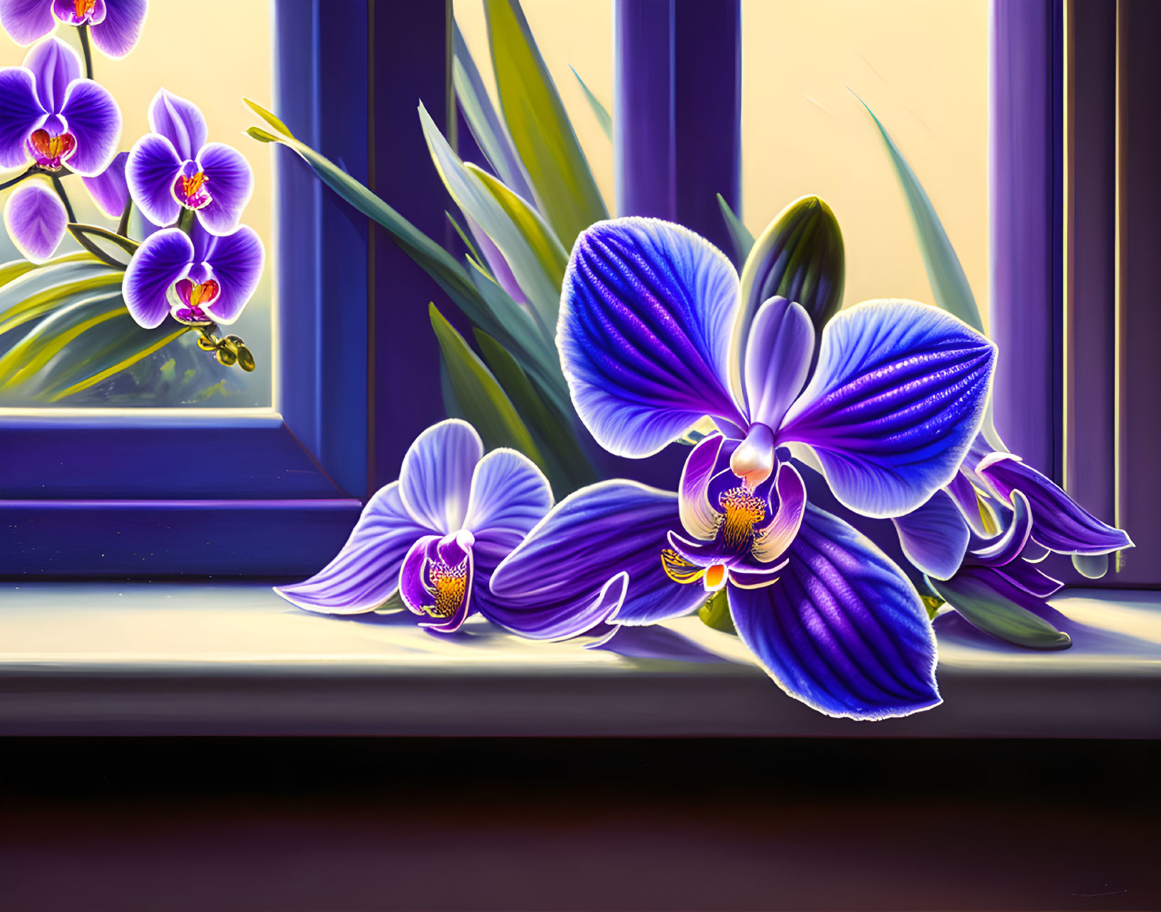 Purple Orchids on Windowsill with Sunlight and Shadows