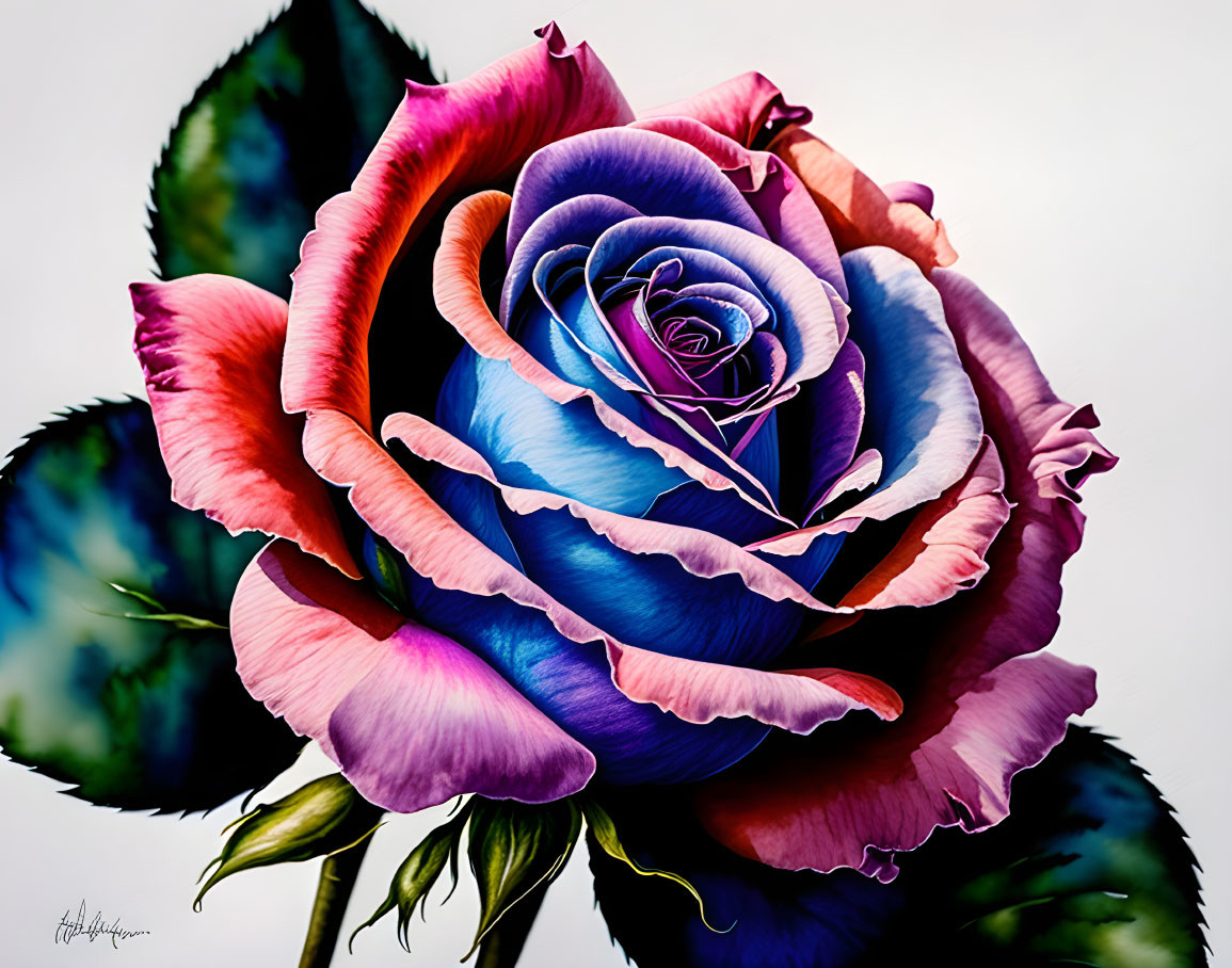 Multicolored rose with pink to blue petals on pale background