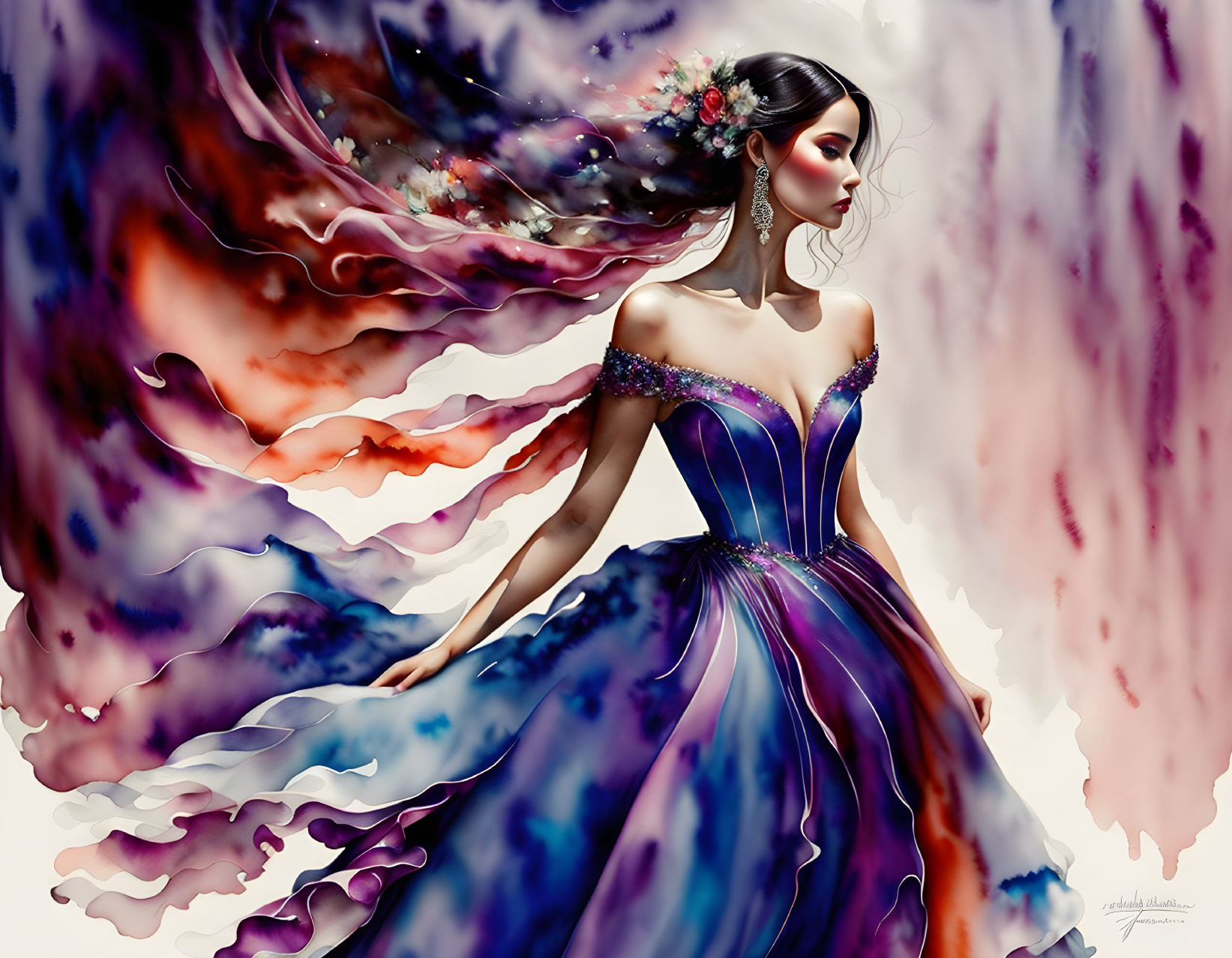 Woman in Vibrant Purple and Blue Gown with Flowing Watercolor-Like Fabric and Flowers in