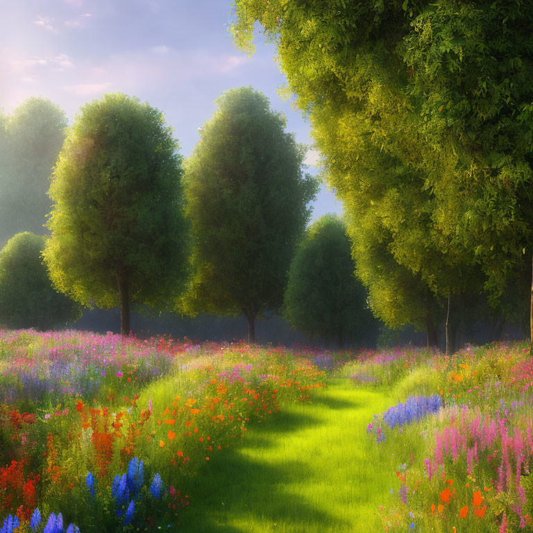 Tranquil landscape with green trees, wildflowers, and gentle path