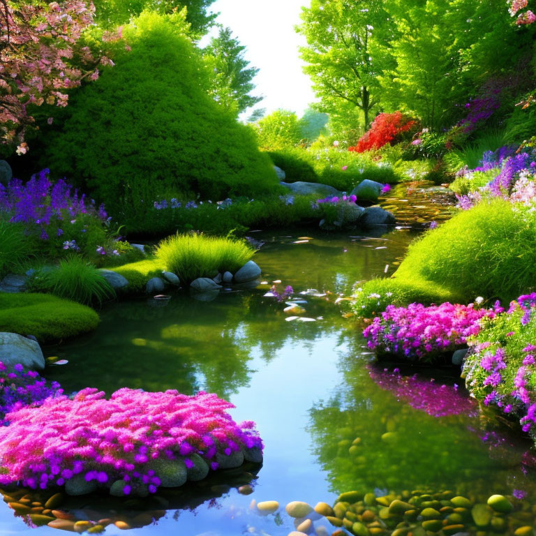 Vibrant pink and purple flowers in lush garden with tranquil stream