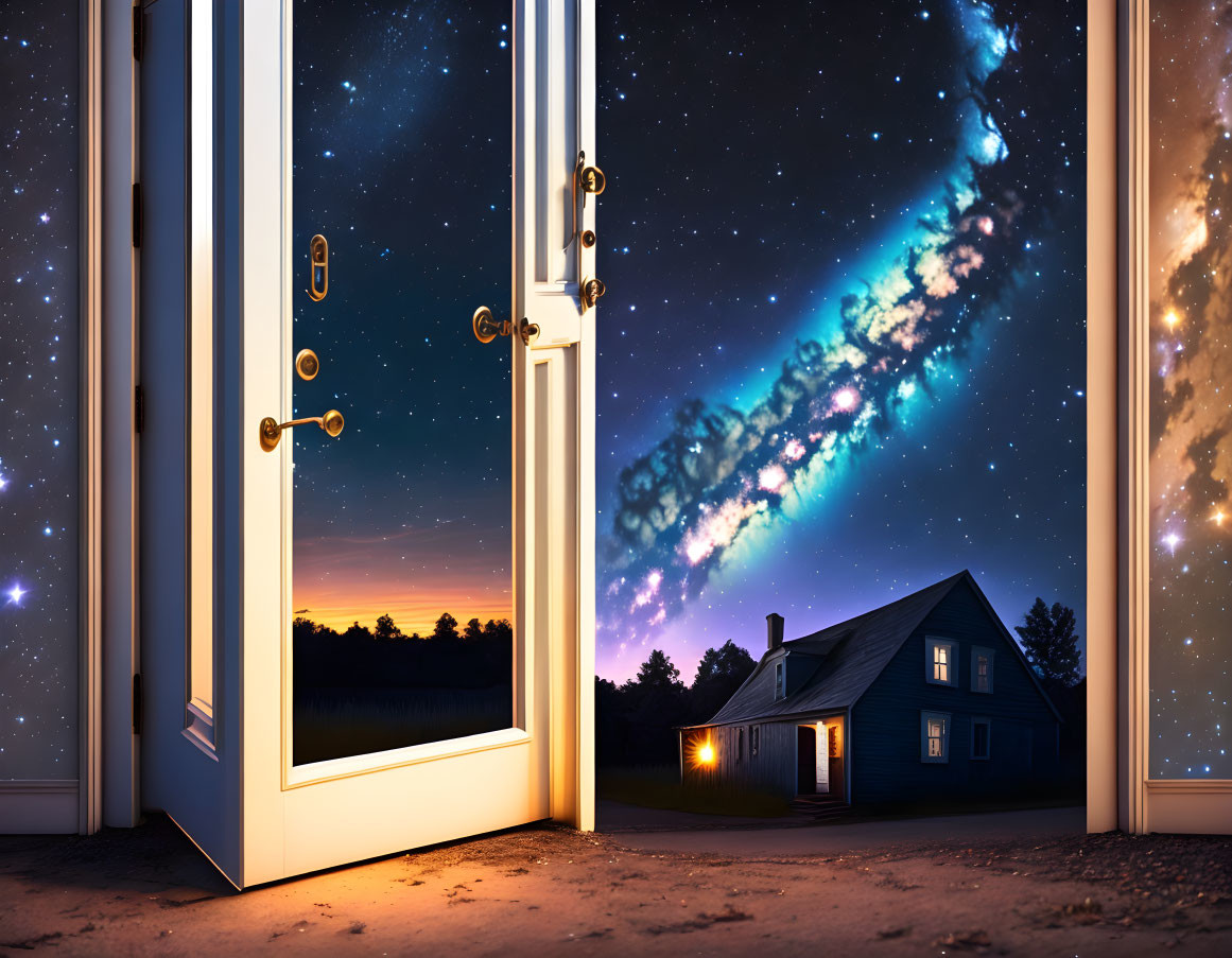 Nighttime view of starry sky and galaxy from open door, cozy house illuminated within.