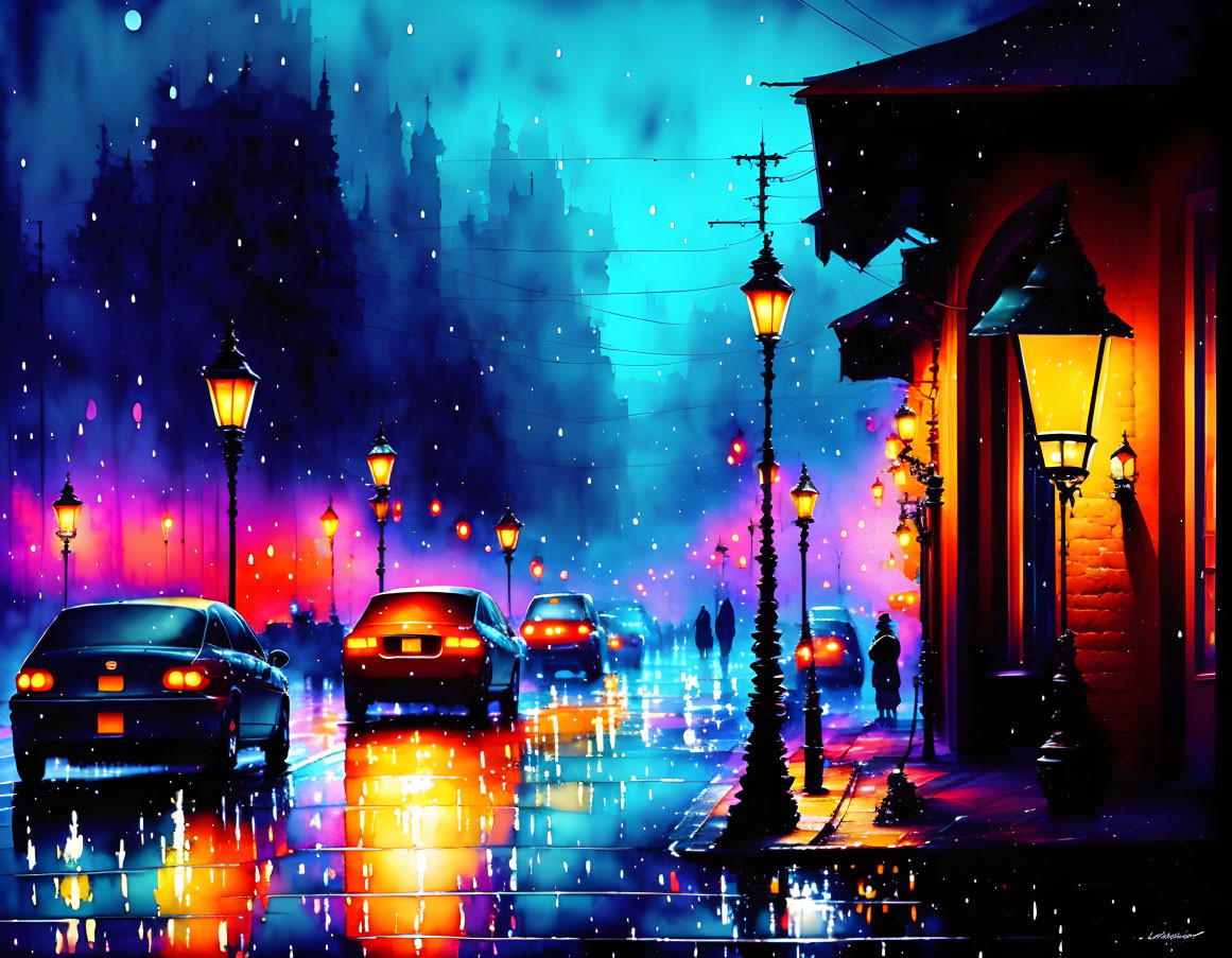 Colorful Rainy Evening Scene with Street Lights and Car Silhouettes