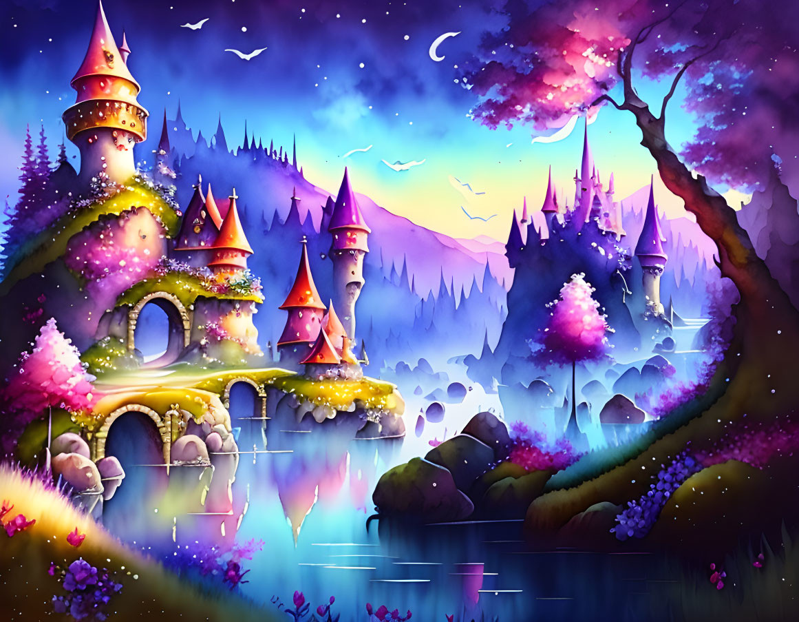 Colorful landscape with castles, trees, lake, and twilight sky