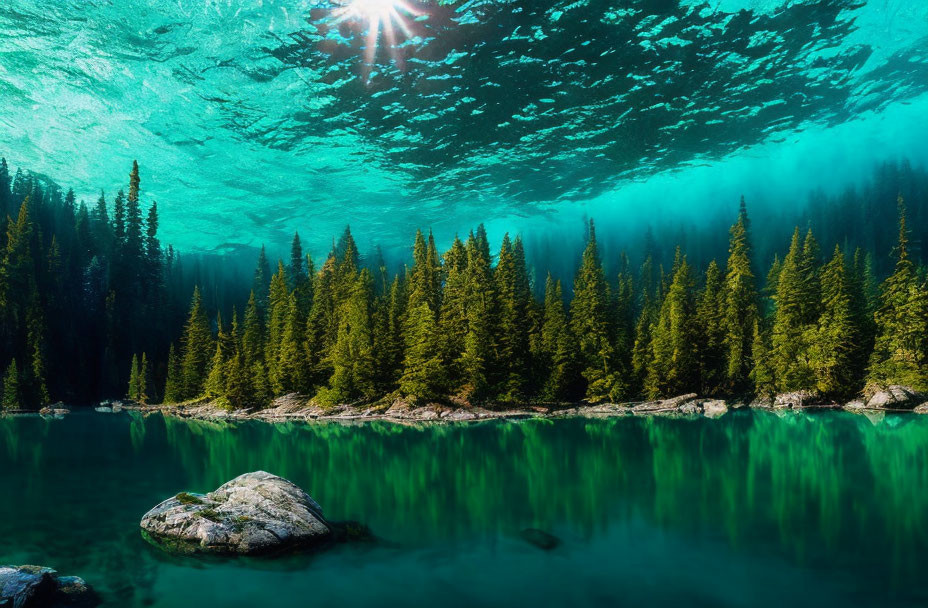 Pine Forest Inverted Image Over Tranquil Lake